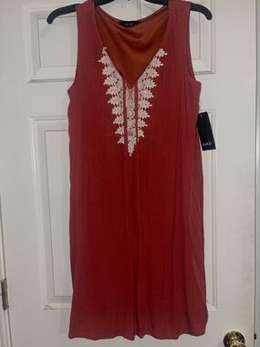 NAIF Terracotta Sleeveless V-Neck Dress with White Embroidery